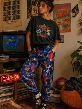 4/$15 Graphic Space Jam Jogger Pants Blue Vintage Women's Men's Sz L